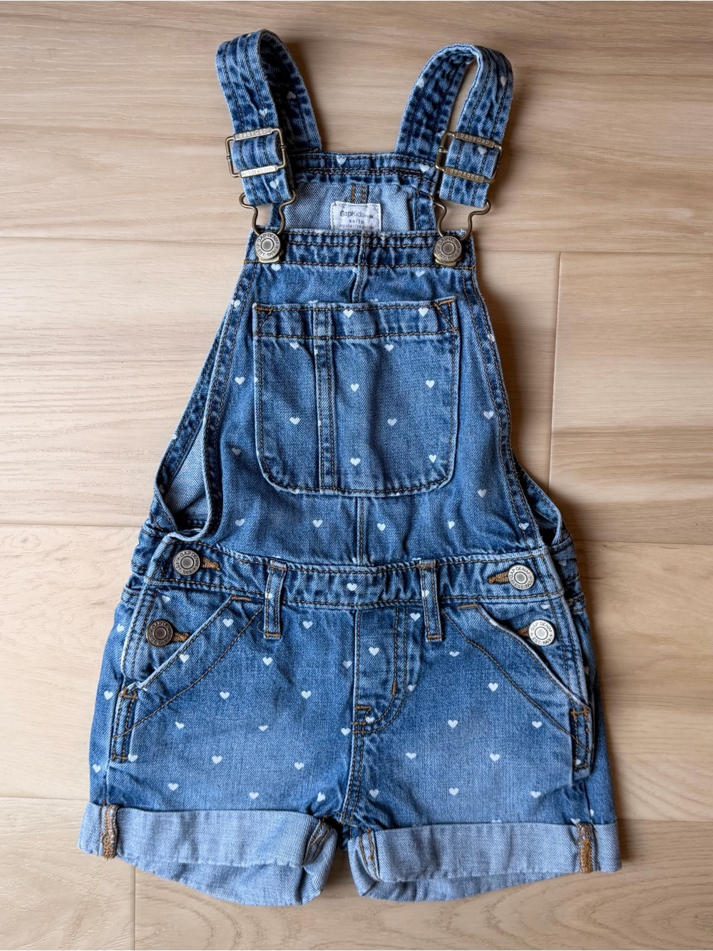 Gap Kids Girls Heart Pattern Denim Overalls Jean Shortalls Size Extra Small